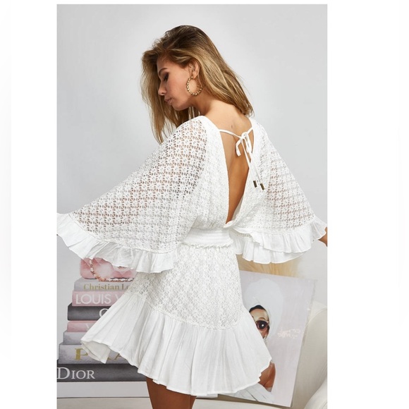 838. LAST 1! Bibi Lace Bohemian White CLEARANCE button flutter dress romper - Picture 4 of 8